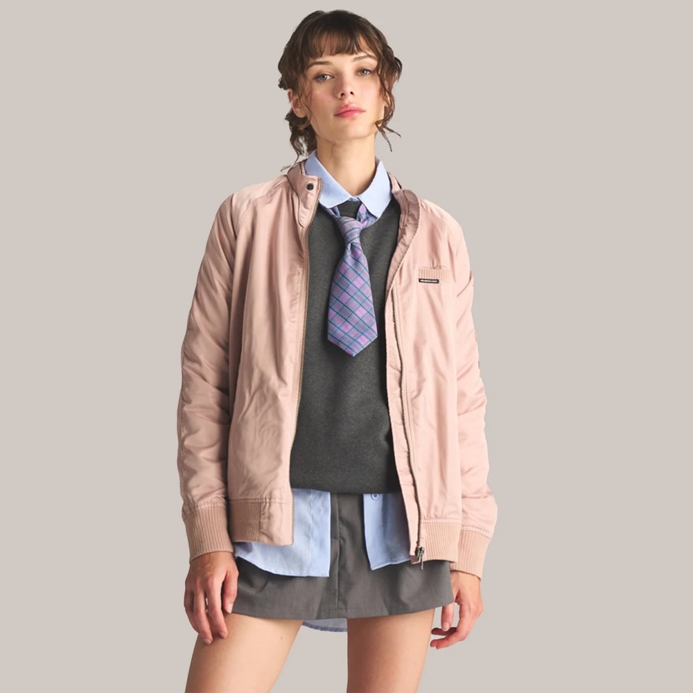 Blush Pink Satin Members Only Bomber - elongated silhouette